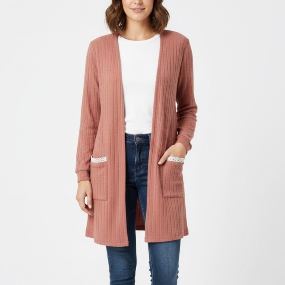Blu Pepper Cozy Life Dusty Rose Open-Front Lace Trimmed Knit Cardigan Size Small